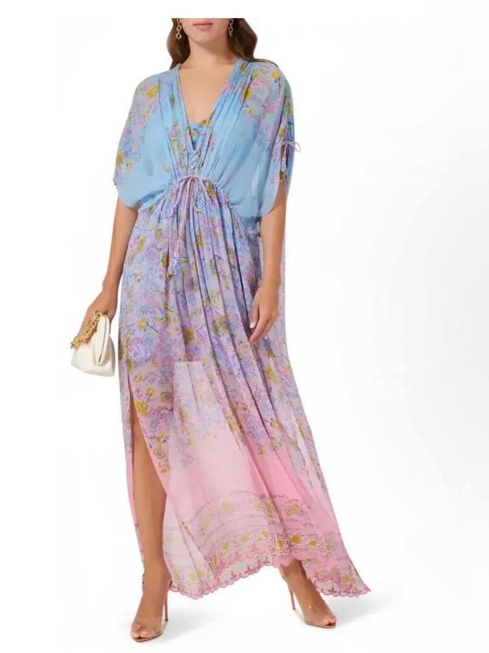 Hemant & Nandita Kaftan Floral Maxi Dress Ombre Blue Pink M